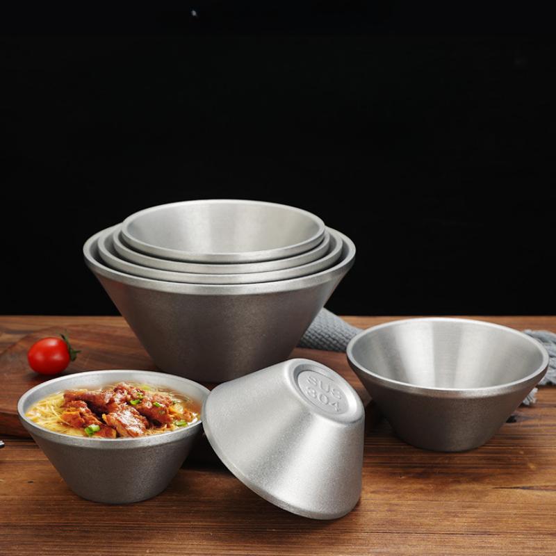 Retro Stainless Steel Salad Bowl Korean Style Double Layer Thicken V-Shaped Ramen Noodle Bowls Soup Rice Bowls Kitchen Tableware