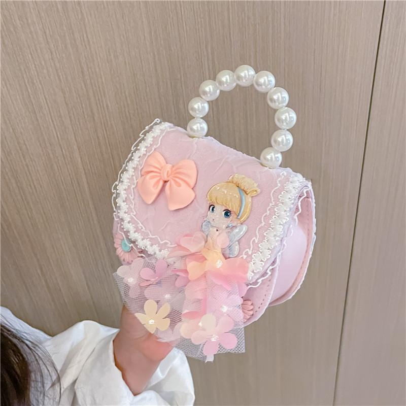 2025 new girls pearl handbag cartoon cute bow princess shoulder bag lace small satchel