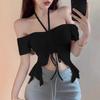 Summer Sexy Spice Off-Shoulder Pleated Lace-Up Short Sleeve Shoulder Two Wear T-Shirt Women's Design Short Top