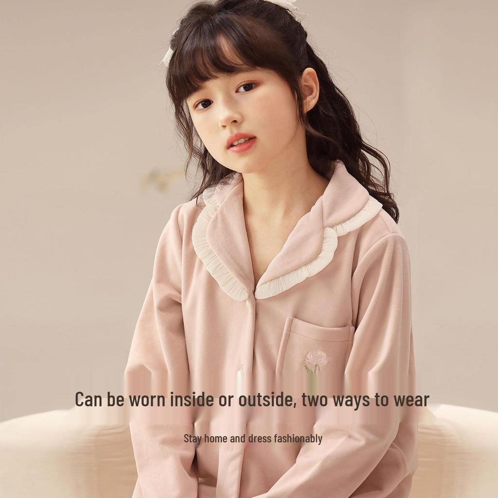 Autumn Winter Rose Embroidered Fleece Pajamas for Girls - Anti-Static, Warm Homewear for Kids