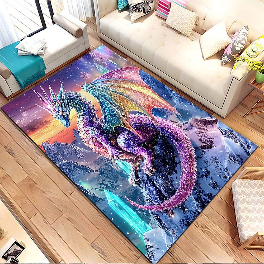 Rainbow Crystal Dragon in Snowy Peaks Patterned carpet, non slip mat suitable for living room and bedroom sofas