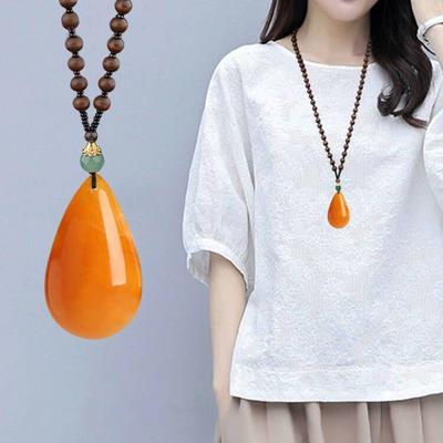 Vintage Unisex Amber Teardrop Necklace with Peony Pendant