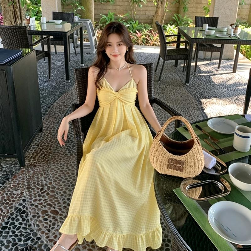 2026 new summer light yellow plaid holiday style backless dress, dopamine island beach neck dress