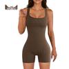 Seamless Ribbed Yoga Bodysuit with Removable Pads and Tight Shorts