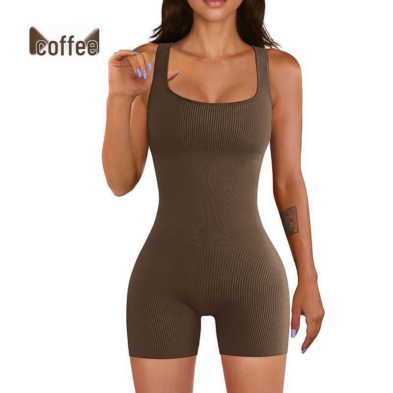 Seamless Ribbed Yoga Bodysuit with Removable Pads and Tight Shorts