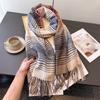 Color Blocked Plaid Long Scarf with Tassel Thick Soft Warm Imitation Cashmere Shawl Versatile Neck Scarf for Autumn Winter