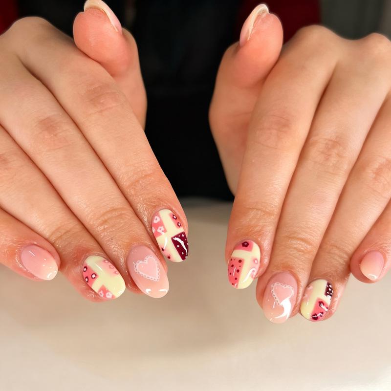

30 Valentine s Day Oval Nail Tips: Heart, Plaid, Floral, Pink Gradient Design, Set of 30.