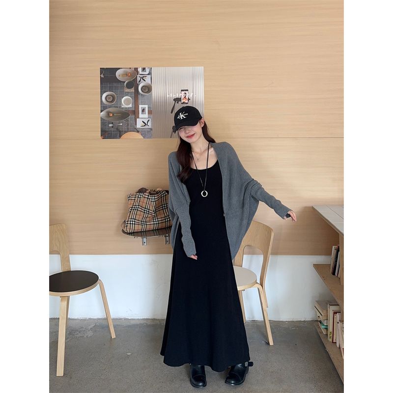 Kumikumi Elegant Outfit Asymmetrical Long Sleeve Cardigan Jacket Female Autumn Inner Suspender Dress Two-piece Set