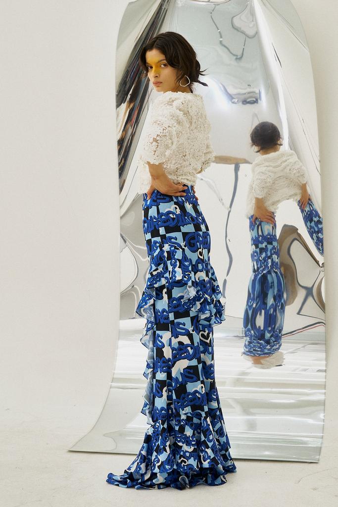 Greedius Blue Logo Floor-Length Ruffle Skirt