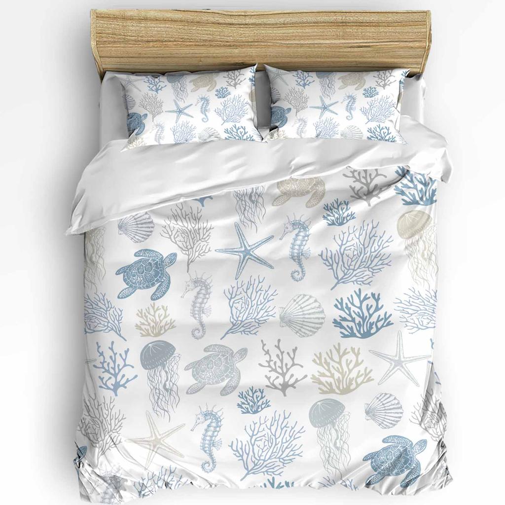 Nautical Theme Sea Turtle Starfish Compass Duvet Cover with Pillow Case 3pcs Bedding Set Quilt Cover Double Bed Home Textile