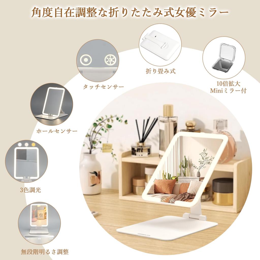 Garvee Actress Mirror with LED Tabletop Makeup Folding Mirror with 10x Magnification Mini Stepless 3 Color Adjustable Angle Light, Mirror, Mirror,