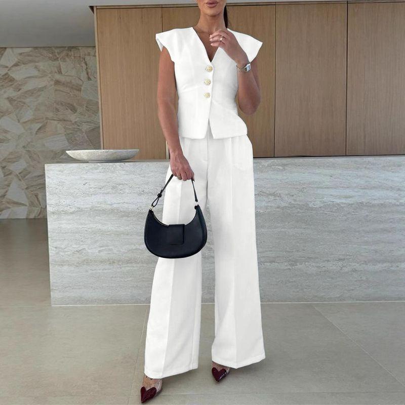 European and American Wide Shoulder V-neck Slim fit Vest High Waist Wide Leg Pants Top Set Pants and Tops Set
