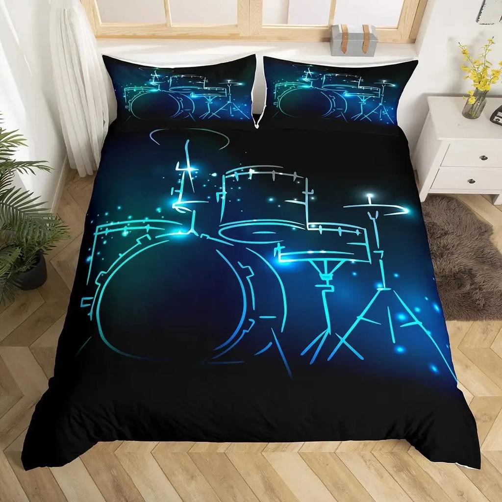 Drum Kit Duvet Cover Set,Hip Hop Bedding Set Queen Size,Rock Music Gold Flame Comforter Cover Musical Instrument Quilt Cover Set