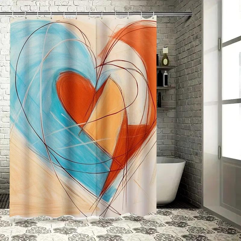 Abstract Heart Art Shower Curtain - Dynamic Orange and Blue Palette, Modern Artistic Design Ideal for Unique Bathroom Decor