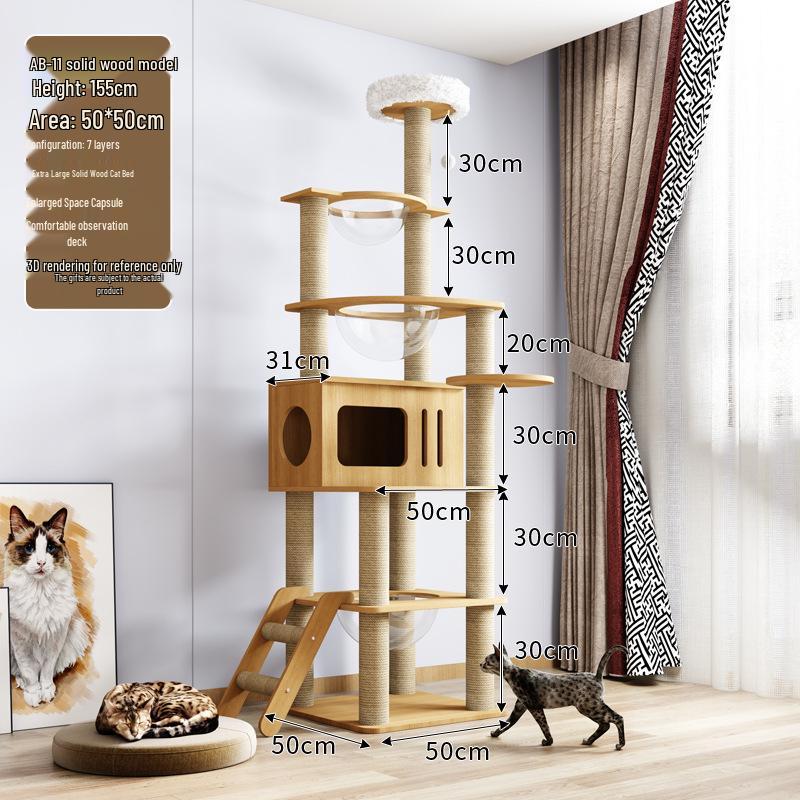 Solid Wood Large Cat Tree with Space Capsule and Jumping Platform