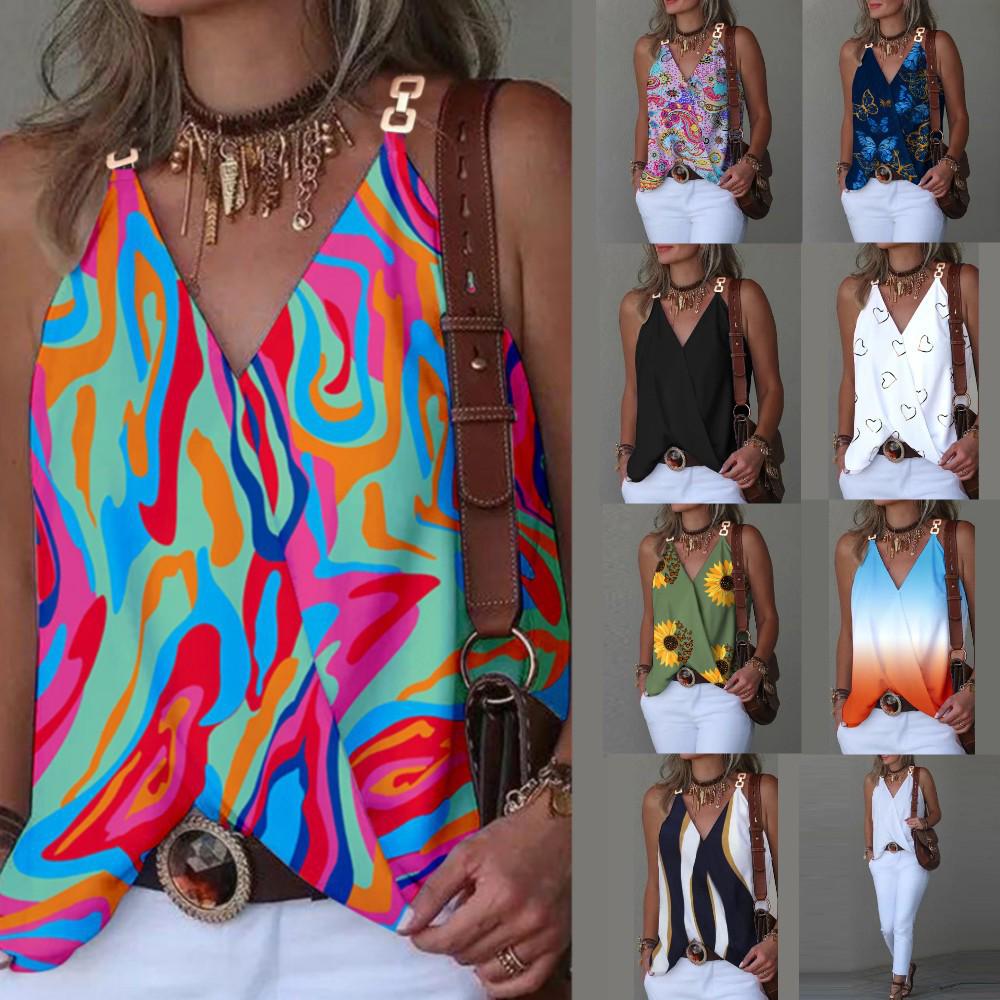 

Women s Summer V-Neck Metal Buckle Print Vest Top L