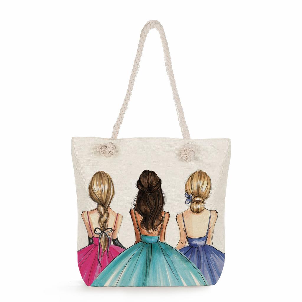 Sisters Print Thick Rope Single-shoulder Beach Bag 7275 CLE