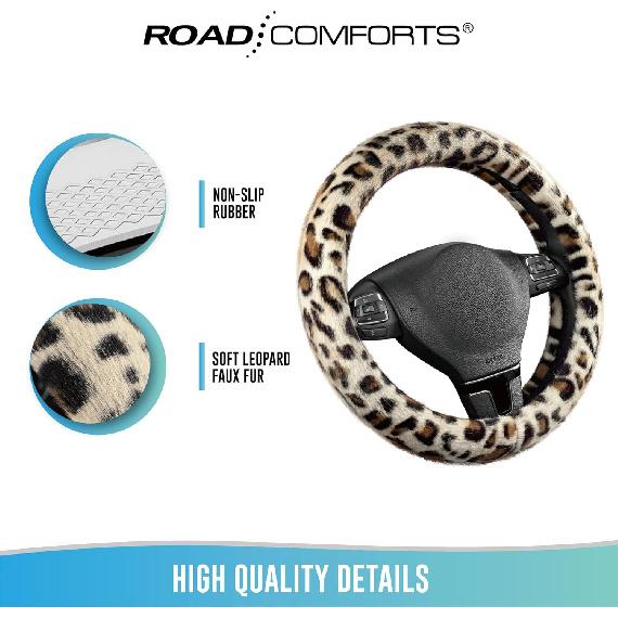 Road Comforts Leopard Plush Steering Wheel Cover For Winter, Made With Flurry Microfiber, Universal Fit 14 1/2 To 15 Inches, Soft Fuzzy Warm For