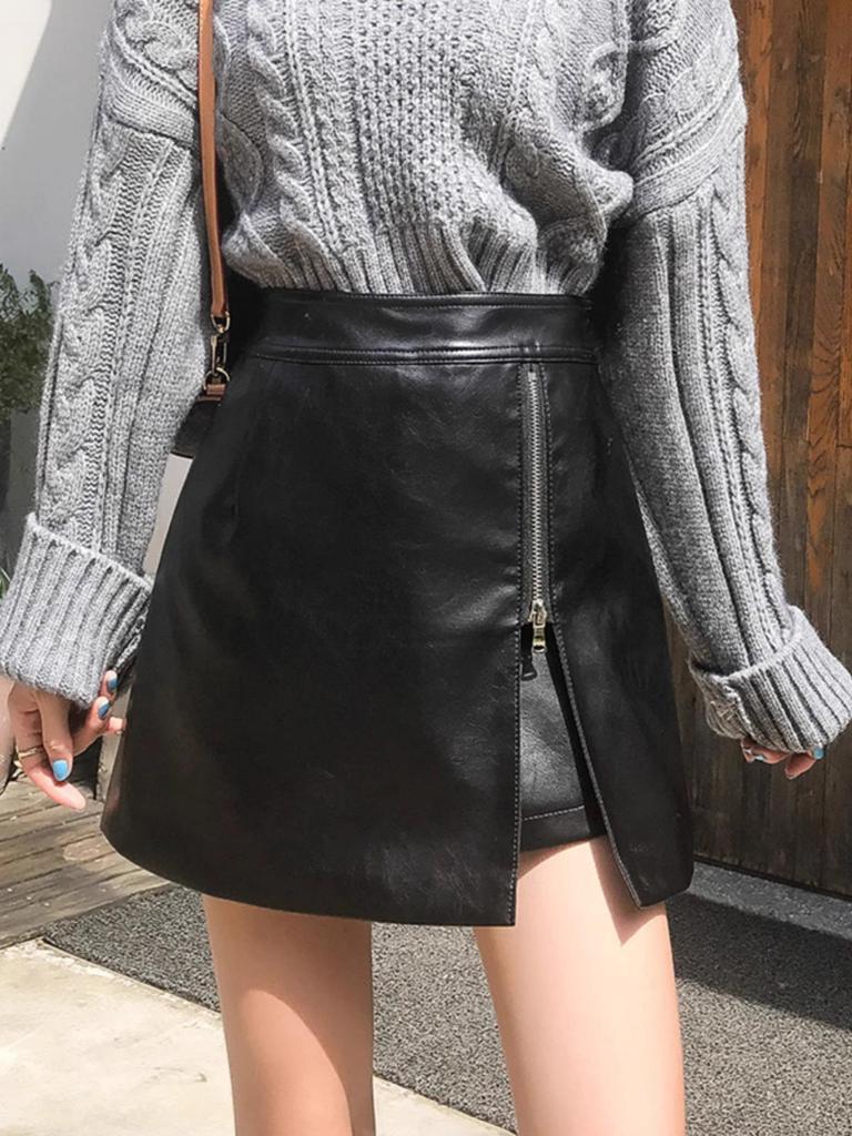 2025 Herbst/Winter Damen High Waist PU Leder Unregelmäßiger Bodycon A-Linien Rock