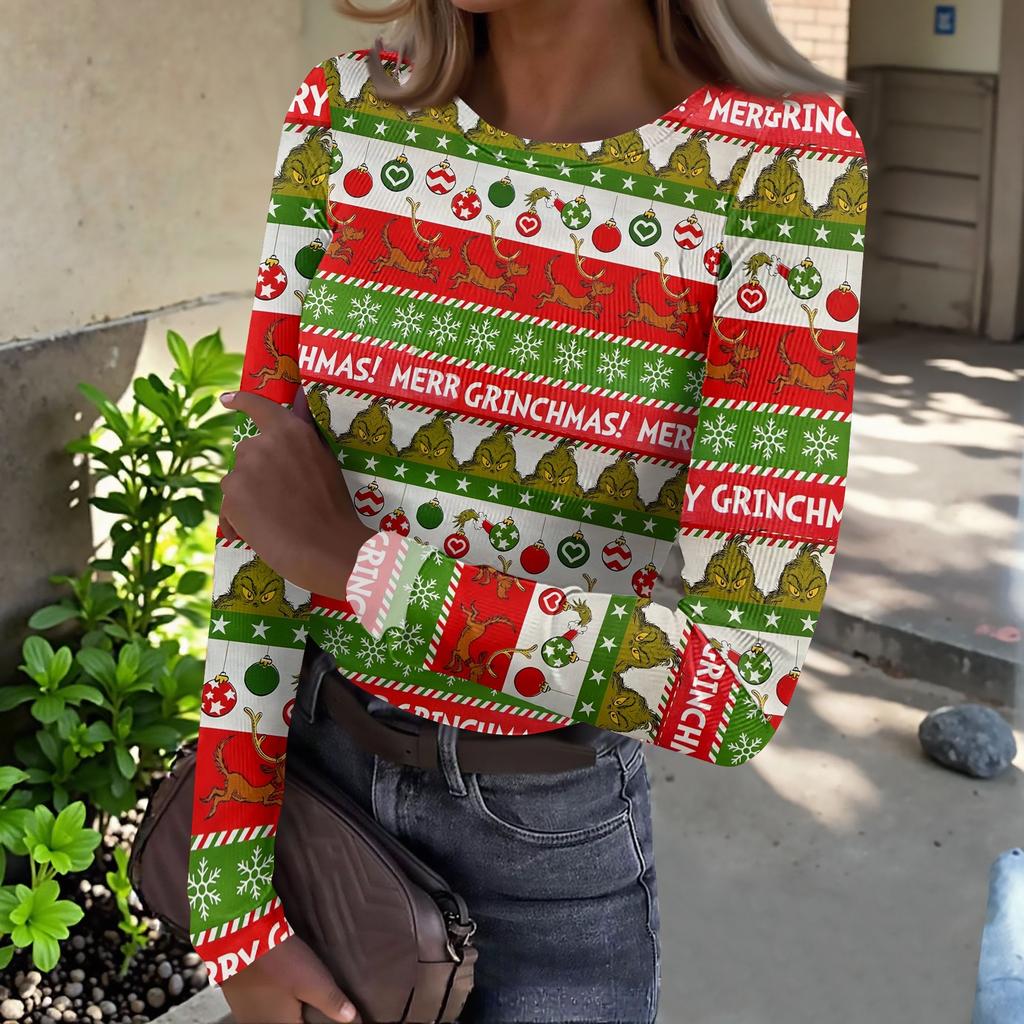 Women's Slim Fit Long Sleeve T-Shirt with Christmas Graphic Print Neck Pullover Top
