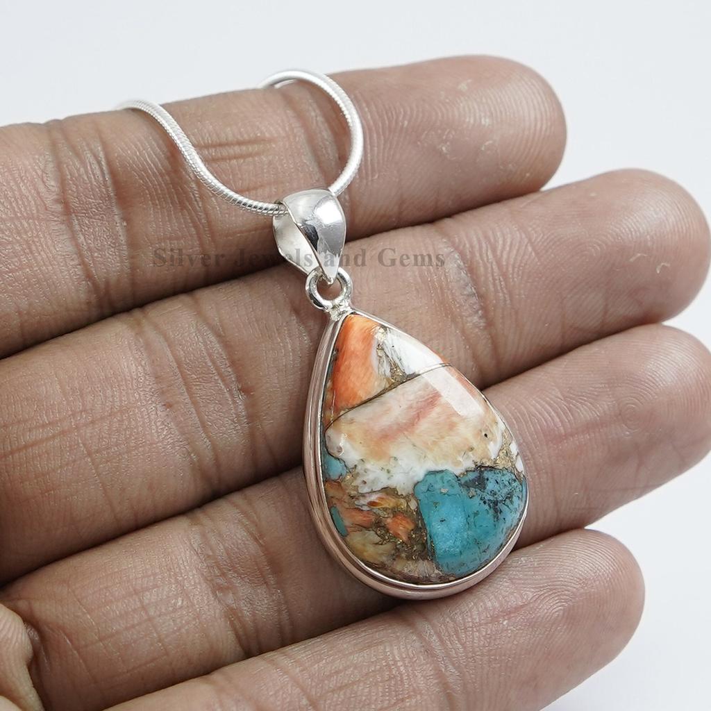 Oyster Copper Turquoise Pendant: Teardrop 925 Sterling Silver Necklace