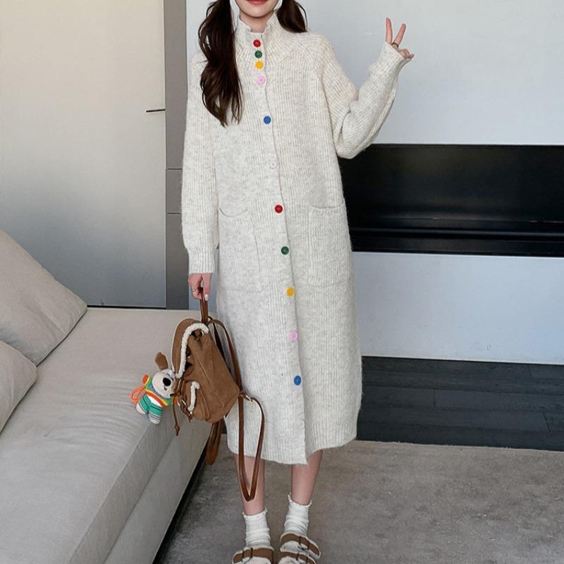 

Нежный ветер цветная пряжка полуворотник вязаный кардиган женский осень и зима новый свободный ленивый платье свитер длинное платье one size fits all