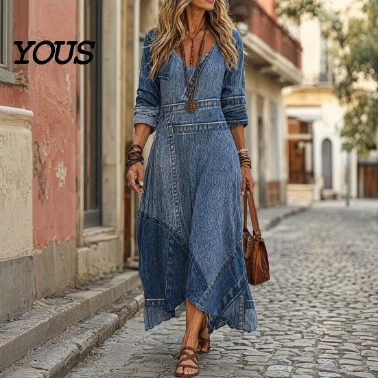 Asymmetric Hem Dress Denim Print Maxi for Women, Casual Long Sleeve V Neck Dress, Summer Loose A-line Flowy Vacation