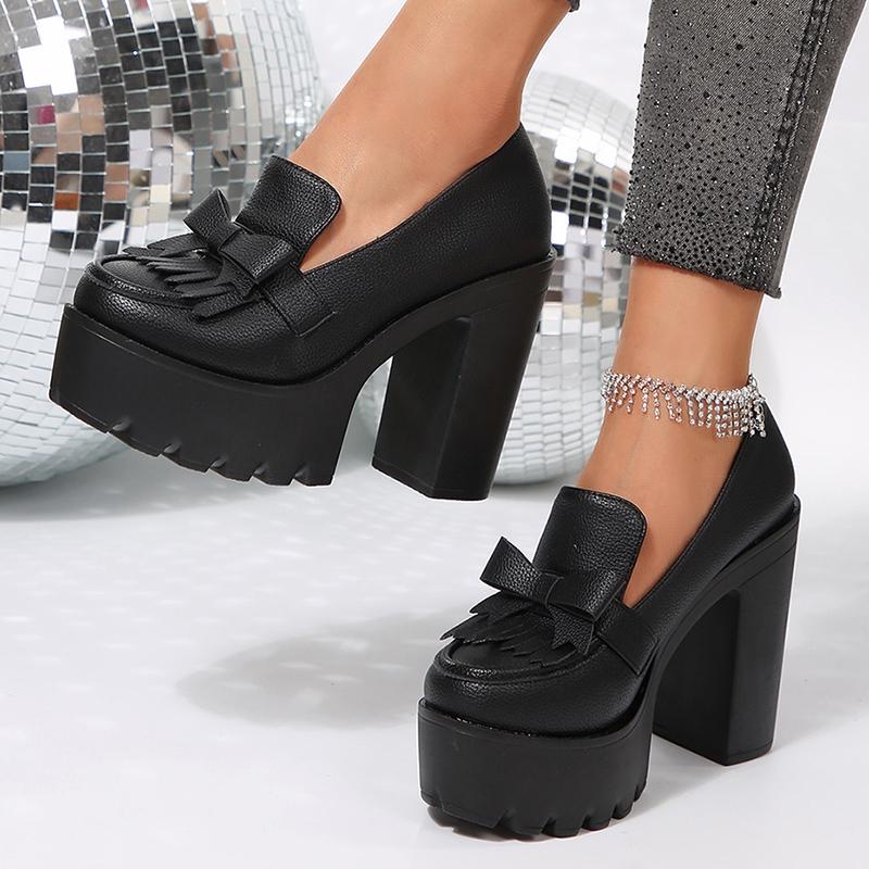 Chunky High Heel Pumps Women Gold Silver Gothic Platform Loafers Woman Fashion Tassels Thick Heeled Party Shoes