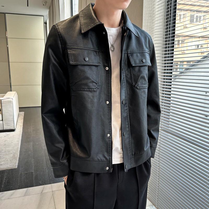 Mens Slim Fit Faux Leather Jacket Casual Outerwear With Lapel Collar Side Pockets