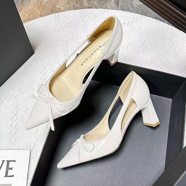 

Летний бант новая мода туфли-лодочки острый носок толстый каблук универсальная женская обувь однотонные туфли в иностранном стиле 40 белый
