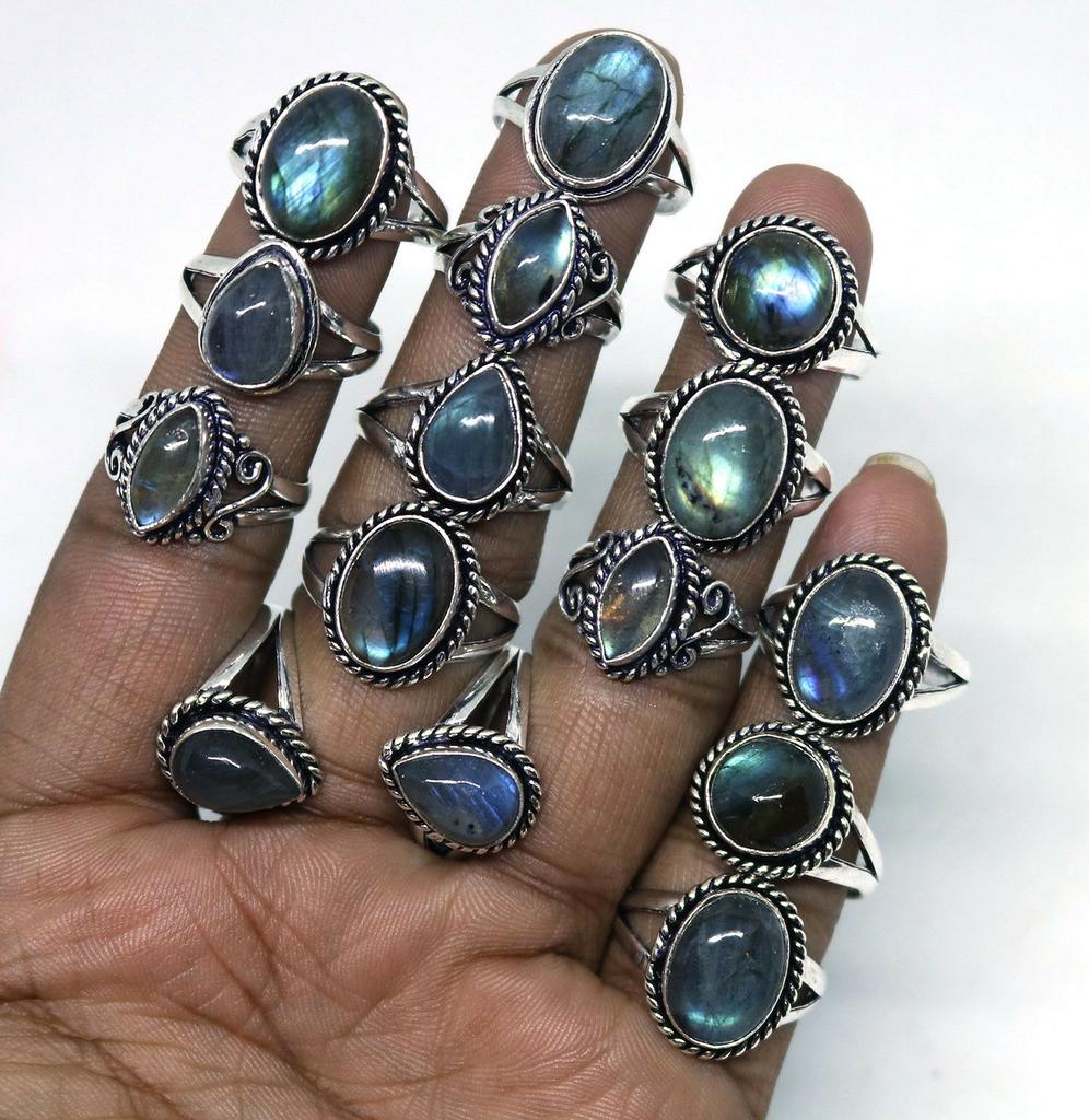 10Pcs Labradorite Gemstone 925 Sterling Silver Plated Wholesale Lot Rings JOR-R197