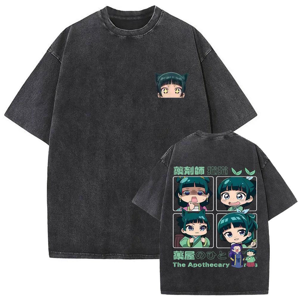 Gewaschenes Vintage Japanischer Anime The Apothecary Diaries Maomao Doppelseitiger Druck T-Shirt Herren Damen Freizeit Kawaii Lustige T-Shirts