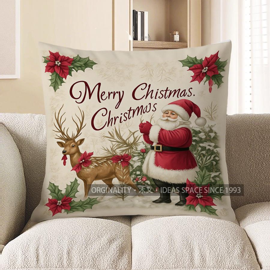 Home Decor Merry Christmas Santa &amp; Deer Decorative Pillow Pattern Cushion Cover Suitable For Sofa Bedroom Car Pillow Cover