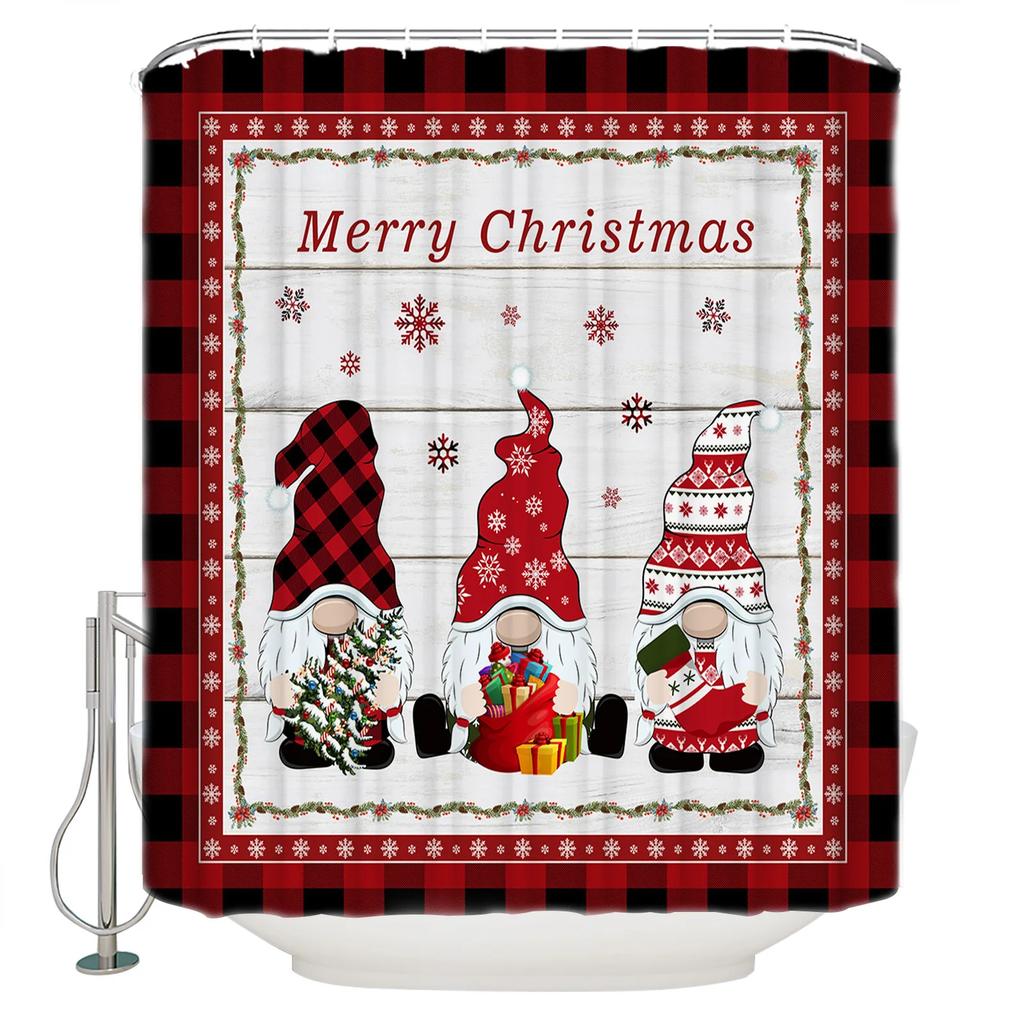 Christmas Gnomes Shower Curtain Set,Cute Winter Xmas Holiday Tree Buffalo Check Plaid Shower Curtains For Bathroom Decor,Hooks