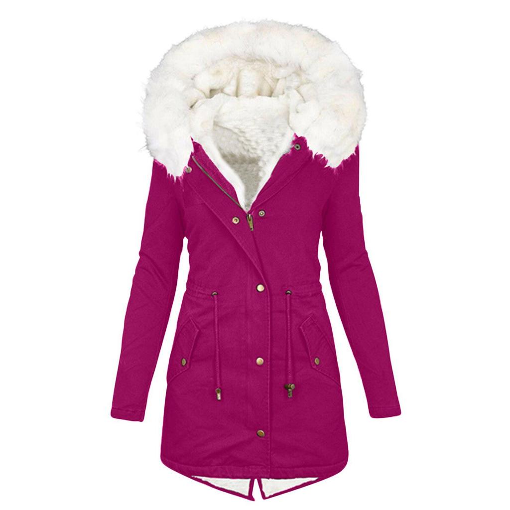 Women's Hooded Mid-Length Coat with Fur Collar and Waist Cinching - Plus Size, Thick, Cotton Padded for Autumn and Winter.
