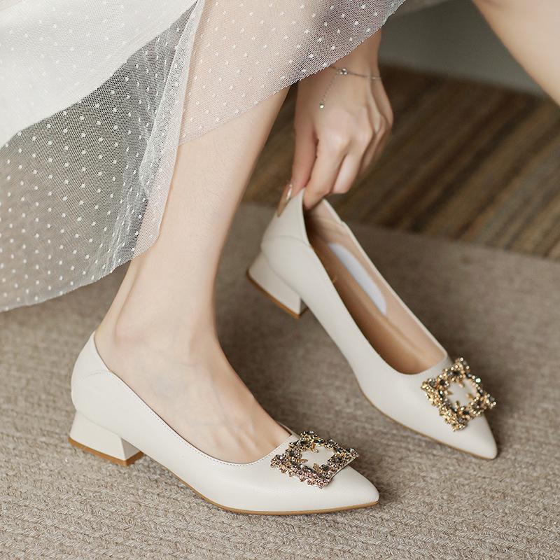 Fashion rhinestone buckle pumps single leather shoes for woman pointed toe low heel loafers work shoes woman crystal tacones de mujer