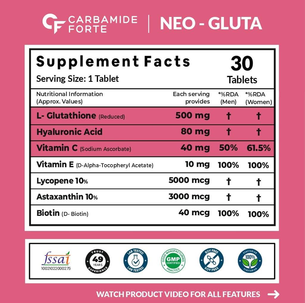 C Vitamini, Hyaluronik Asit ve Biyotinli Carbamide Forte L-Glutatyon 500mg Tabletler – 30 Vegan Tablet