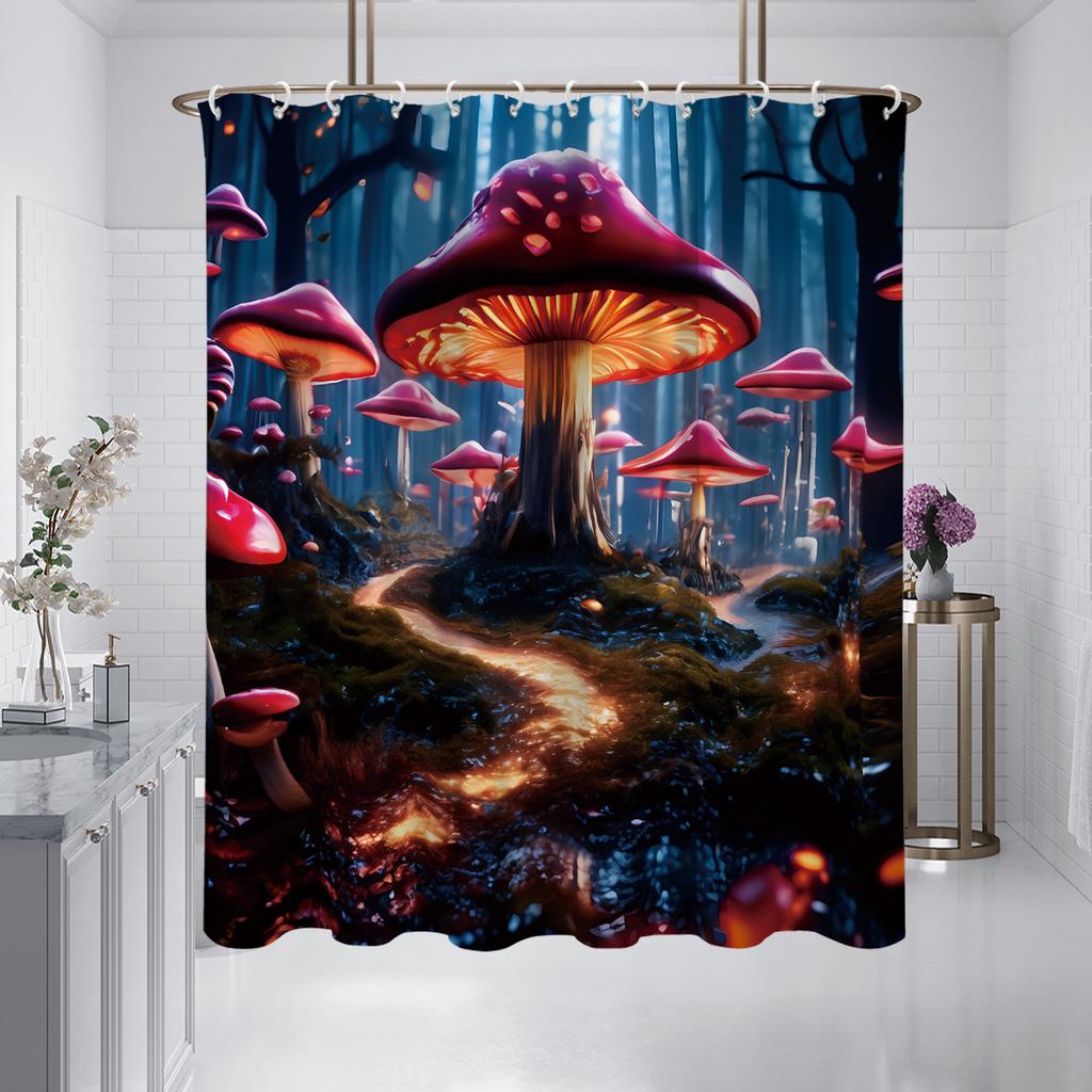 1PC Mashroom Wonderland Pattern Printed Shower Curtain, Waterproof, Washable, with 12 Hooks, Bathroom Shower, Bathtub, Home Use