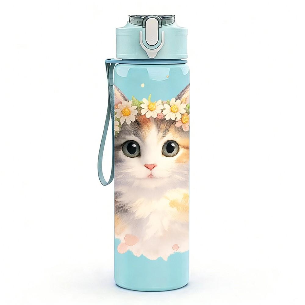 1PC Cute Kitten Cat Flower Crown Print 750ml Color Plastic Sports Water Bottle Leakproof Flip Straw Lid Suitable for Sports Office Home Use