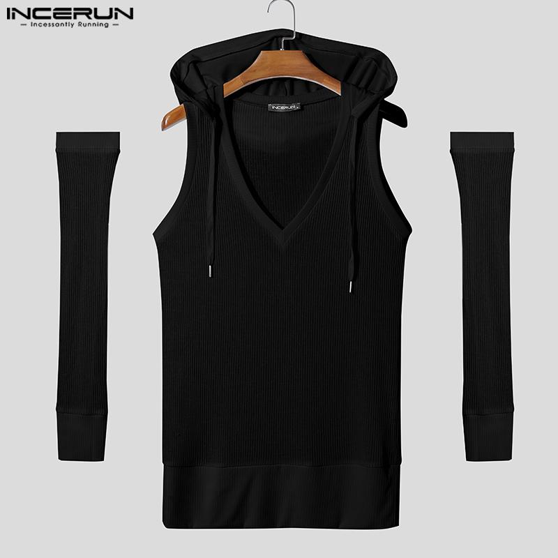 INCERUN Men V Neck Sleeveless Hooded Rib Casual Fitted Tank Tops with Oversleeve