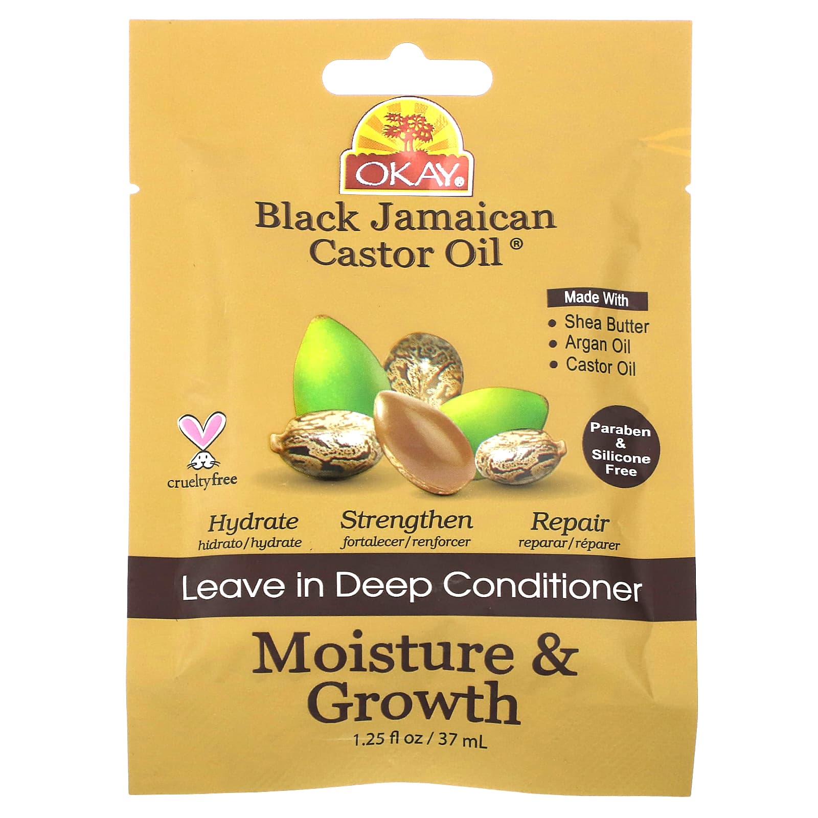 

Okay Pure Naturals, Черное ямайское касторовое масло, несмываемый кондиционер глубокого действия, 1,25 жидких унций (37 мл)