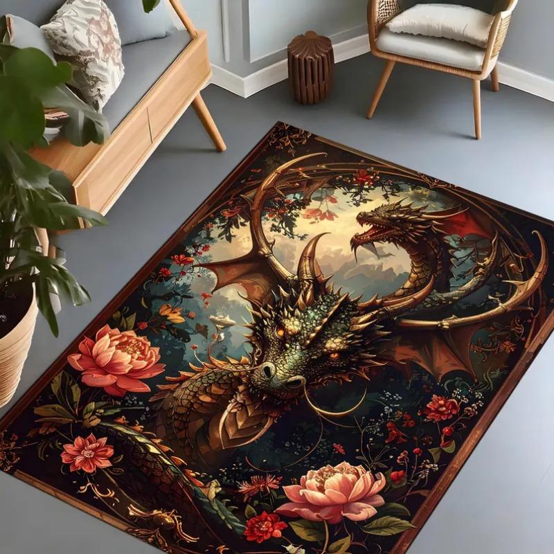 Mystic Dragon Forest Carpet - Deep Blue Green Serpent Rug with Lush Botanical Pattern Non-Slip Floor Mat for Enchanted Decor