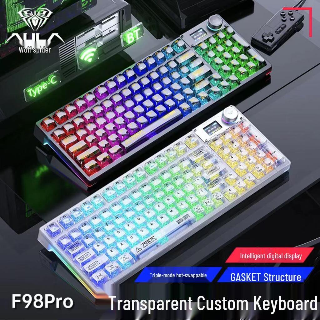 Tarantula F98 Pro Triple-Mode Transparent Wireless Bluetooth Mechanical Keyboard with Display & Hot-Swappable Keys