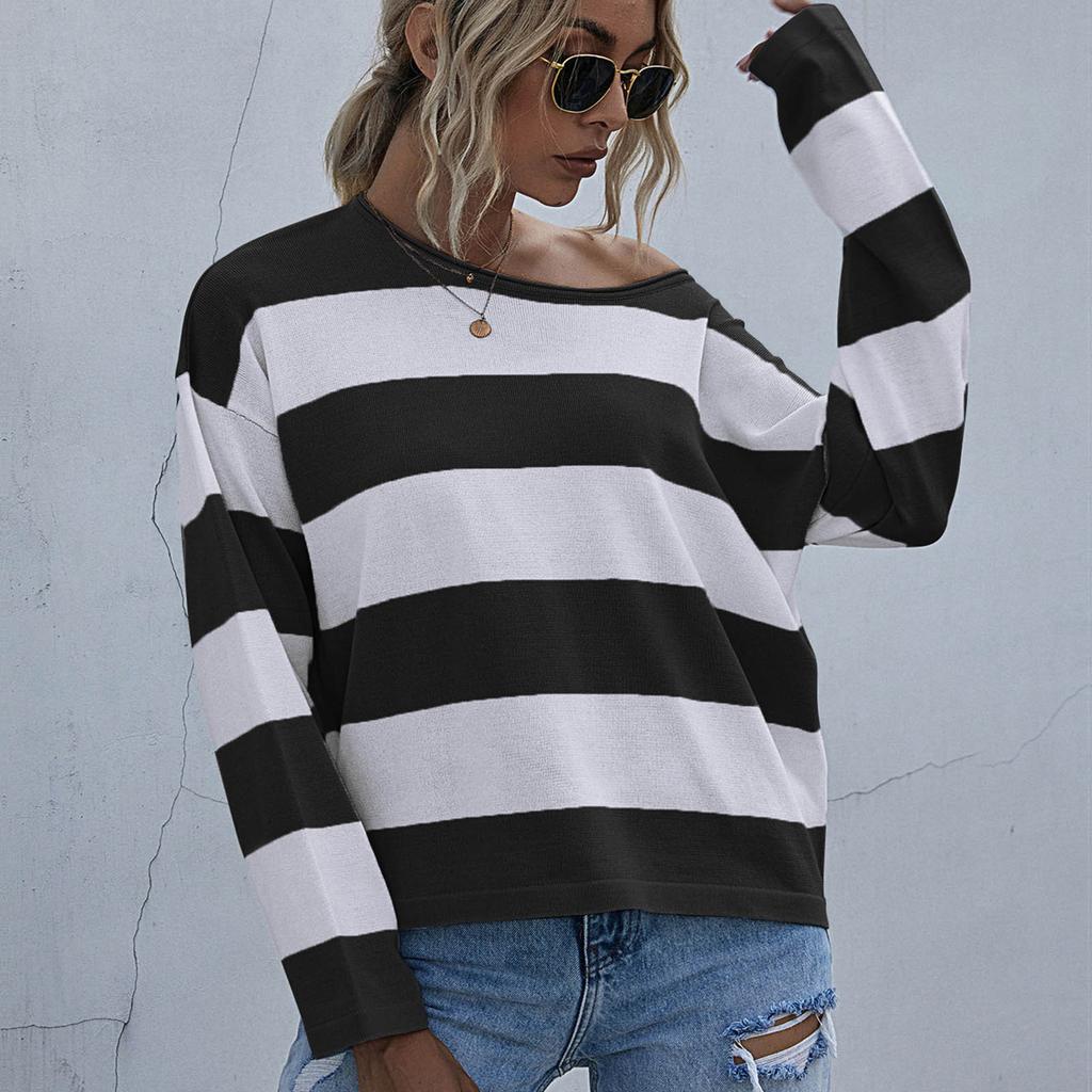 Autumn and winter new women's clothing casual loose knitted sweater striped color matching crew neck sweater