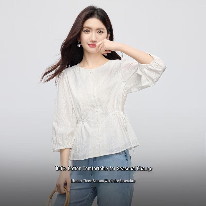 Sllsky Women s French Style Three-Quarter Sleeve Embroidered White Shirt M