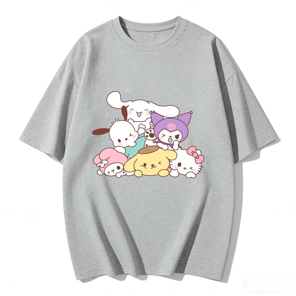 Summer Cute Sanrio Characters Stacked Print Tshirt Casual Short Sleeve Tees for Mom and Daughter Sweet Family Matching Outfits