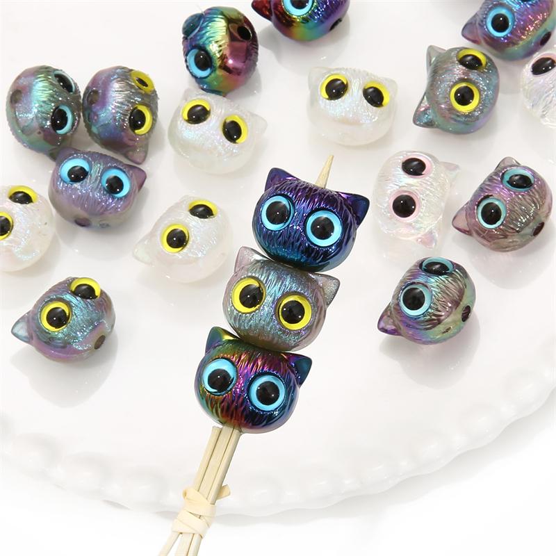 1pc Cartoon Big Eyed Cat Acrylic Owl 3D Cat Head Resin Beads Loose Spacer Beads For DIY Handmade Bracelet Material Jewelry Making Accessories