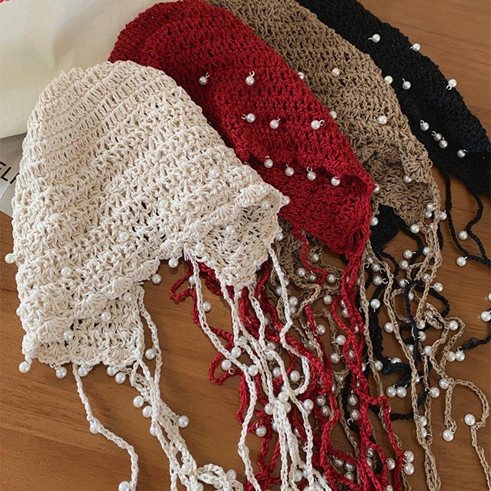Hollow Out Hollow Pearl Tassels Knitted Hat Crochet Flower Ethnic Style Hat Cute Knit Cap Girls