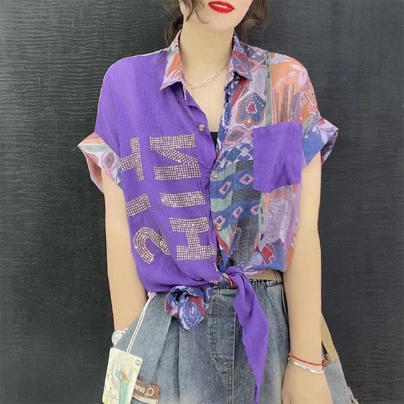 Y2K Summer Casual Fashion Diamonds Patchwork Chiffon Shirt Lady Short Sleeve Loose All-match Buttons Tops Women Printed Blouse