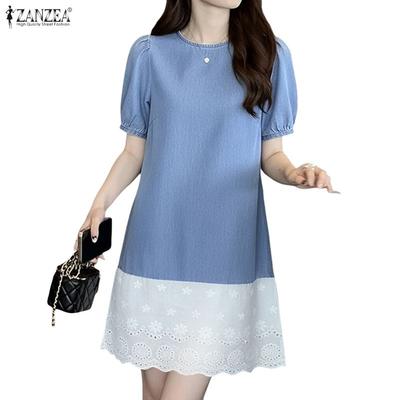 Women Casual Round Neck Lace Splice Hen Summer Short Sleeve Dress